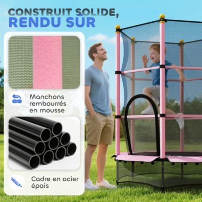 Trampoline de jardin enfants dia. 1,40 x 1,90H m filet de sécurité porte zipée couvre-ressorts + 6 poteaux rembourrés inclus