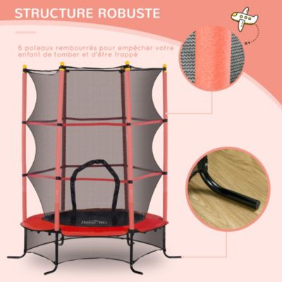 Trampoline de jardin enfants dia. 1,63 x 1,90H m filet de sécurité porte zippée couvre ressorts + 6 poteaux rembourrés inclus