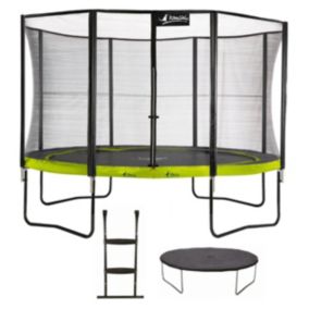 Trampoline de jardin rond 430 cm + filet de sécurité + échelle + bâche de protection  PUNCHI Vert 430