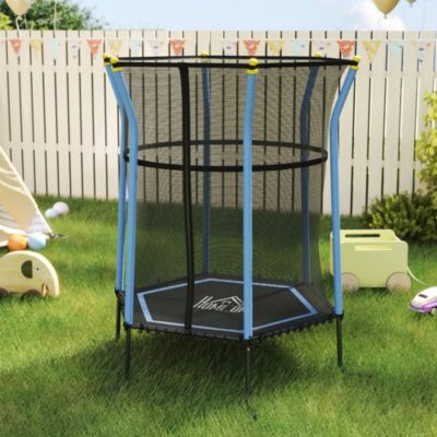 Trampoline enfant dia. 1,63 x 1,9H m filet de sécurité porte zippée 6 poteaux rembourrés inclus charge max. 50 Kg bleu noir