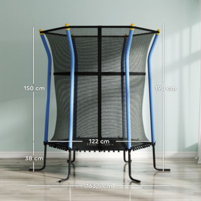 Trampoline enfant dia. 1,63 x 1,9H m filet de sécurité porte zippée 6 poteaux rembourrés inclus charge max. 50 Kg bleu noir