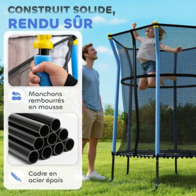Trampoline enfant dia. 1,63 x 1,9H m filet de sécurité porte zippée 6 poteaux rembourrés inclus charge max. 50 Kg bleu noir