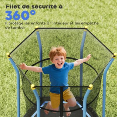 Trampoline enfant dia. 1,63 x 1,9H m filet de sécurité porte zippée 6 poteaux rembourrés inclus charge max. 50 Kg bleu noir