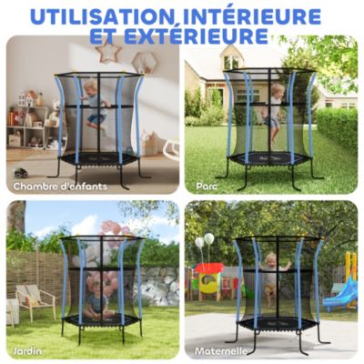 Trampoline enfant dia. 1,63 x 1,9H m filet de sécurité porte zippée 6 poteaux rembourrés inclus charge max. 50 Kg bleu noir