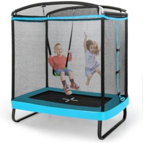 Trampoline Exterieur Enfant avec Balançoire avec Filet de Sécurité Housse à Ressorts Cadre en Métal Galvanisé Bleu