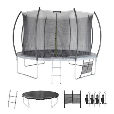 Trampoline rond D. 370cm gris - Saturne Inner XXL   trampoline de jardin avec filet de protection intérieur. échelle. bâche. filet