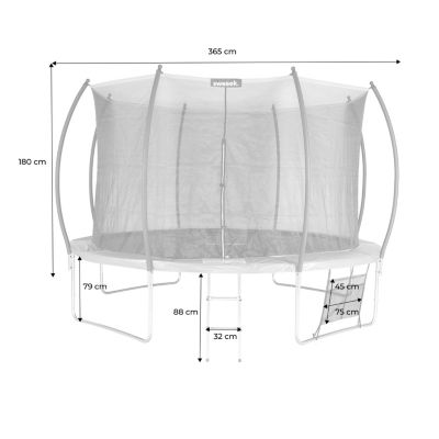 Trampoline rond D. 370cm gris - Saturne Inner XXL   trampoline de jardin avec filet de protection intérieur. échelle. bâche. filet