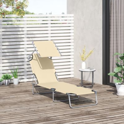 Transat bain de soleil pliable grand confort dossier et pare-soleil réglable multi-positions beige