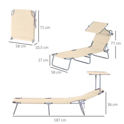 Transat bain de soleil pliable grand confort dossier et pare-soleil réglable multi-positions beige