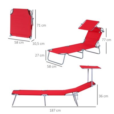 Transat bain de soleil pliable grand confort dossier et pare-soleil réglable multi-positions rouge