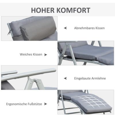 Transat de jardin, pliable, avec coussin, métal et tissu, pour terrasse et jardin, Gris
