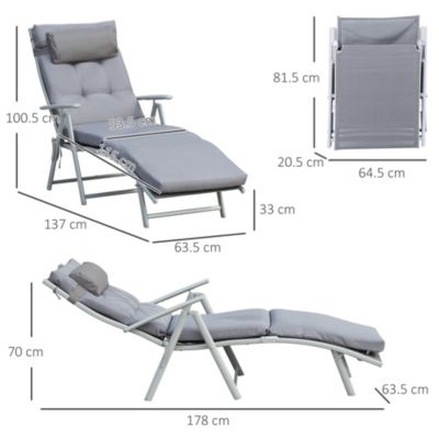 Transat de jardin, pliable, avec coussin, métal et tissu, pour terrasse et jardin, Gris