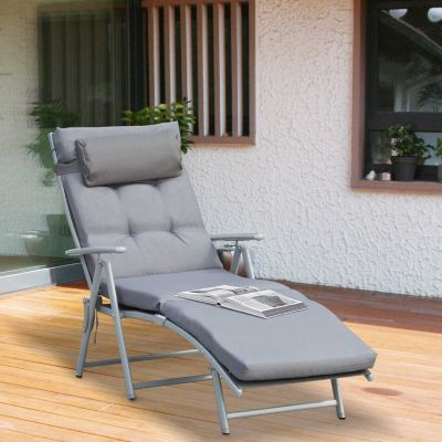 Transat de jardin, pliable, avec coussin, métal et tissu, pour terrasse et jardin, Gris