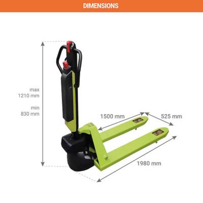 Transpalette électrique à fourches longues 1500x525mm - Capacité 1,2T - Idéal palettes longues ou prise de deux palettes -