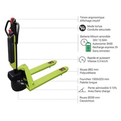 Transpalette électrique à fourches longues 1500x525mm - Capacité 1,2T - Idéal palettes longues ou prise de deux palettes -