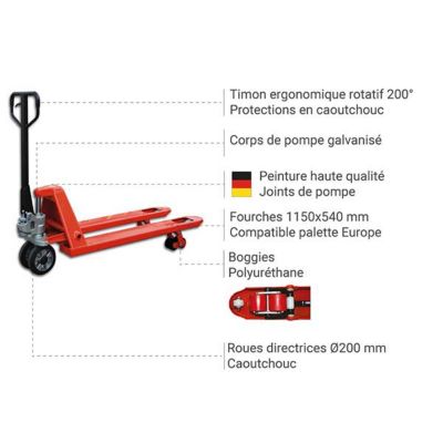 Transpalette roues directrices caoutchouc, boggies polyuréthane - Haute résistance - Fourches 1150x540mm - Charge max 2500kg -