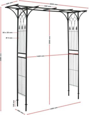 Treillis Arc de Roses, 205 x 50 x 208 cm, en Acier, Support pour Plantes grimpantes et Roses, Arche Noire Treillage Espalier