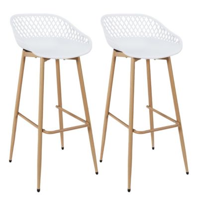 TRESSIE - Lot de 2 Tabourets Blancs Pieds Effet Bois Verni