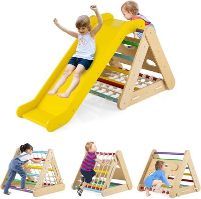 Triangle d'Escalade Montessori Enfants avec Filet à Grimper,Pierres avec Toboggan,Aire de Jeux Intérieur,Multicolore