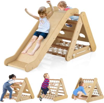 Triangle d'Escalade Montessori Enfants avec Filet à Grimper,Planche et Échelle,Pierres avec Toboggan,Charge 50KG,Naturel