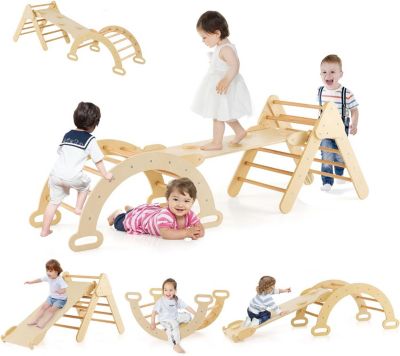 Triangle Escalade Enfants 6 en 1 avec Toboggan Rampe Échelle Charge 50KG Aire de Jeux pour Bébé Naturel