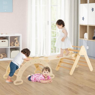 Triangle Escalade Enfants 6 en 1 avec Toboggan Rampe Échelle Charge 50KG Aire de Jeux pour Bébé Naturel