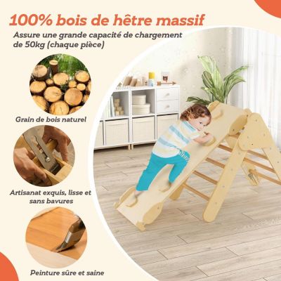 AIYAPLAY Triangle D'escalade 9 En 1 En Bois – Avec Rampe Réversible, Toboggan, Bascule, Tableau Noir – Charge 50 Kg – Pour Bébé 18-48 Mois, Multicolore