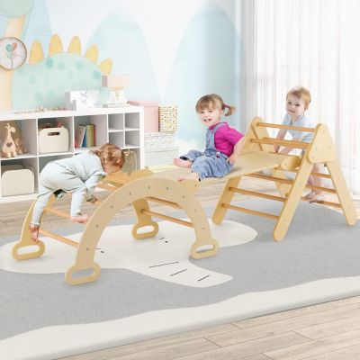 Escalade Montessori Enfant Structure Escalade Enfant DREAMADE 4 En 1 - Toboggan Bois Naturel - 60kg Capacité Parc Gym Maison Bois