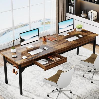 Tribesigns Bureau Informatique Double avec 2 Schublades Marron Rustique