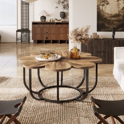 Tribesigns Table Basse de 100 cm Moderne avec Plateau En Forme De Fleur  Marron Et Noir