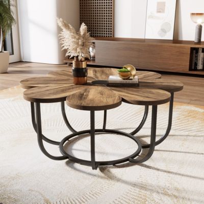 Tribesigns Table Basse de 100 cm Moderne avec Plateau En Forme De Fleur  Marron Et Noir