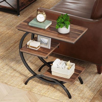Table D'Appoint Ronde Avec 3 Étagères - Structure En Bois - Table De Chevet Ou Bout De Canapé - Marron - Tribesigns