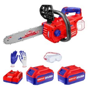 Tronçonneuse à batterie Scie à chaine sans fil EMTOP 20V brushless avec 1 chargeur 4A + 2 batteries lithium-ion 5.0Ah + Gant