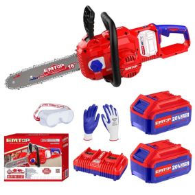 Tronçonneuse à batterie Scie à chaine sans fil EMTOP 40V brushless avec 1 chargeur double port + 2 batteries lithium-ion 4.0Ah +