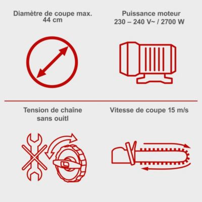 Tronçonneuse électrique CSE2600 Scheppach - 2400W - longueur de guide chaine 45,5 cm - coupe max 44 cm - vitesse coupe 15 m/s