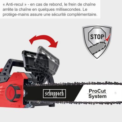 Tronçonneuse électrique CSE2600 Scheppach - 2400W - longueur de guide chaine 45,5 cm - coupe max 44 cm - vitesse coupe 15 m/s