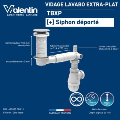 Tubulure extra-plate lavabo, bonde universelle H.100 recoupable sortie Ø32mm - Valentin