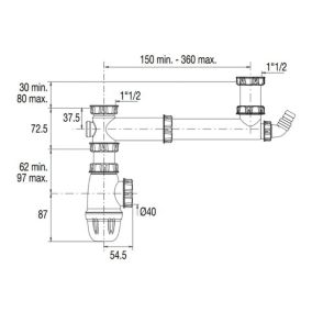 Tubulure  pour évier 2 cuves entraxe 160 à 360mm avec prise MAL et siphon - VALENTIN - 00 778100 001 00