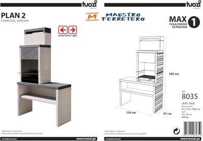 TUOZI - Barbecue fixe pour charbon modèle PLAN 2 (Gris/Blanc - 110x47x192cm) REF: 8035 - Large surface de cuisson extérieure