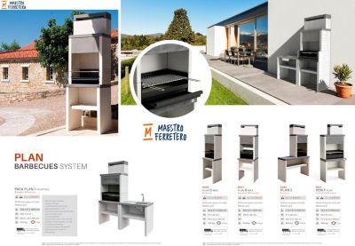 TUOZI - Barbecue fixe pour charbon modèle PLAN 2 (Gris/Blanc - 110x47x192cm) REF: 8035 - Large surface de cuisson extérieure