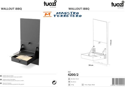 TUOZI - Barbecue mural bois et charbon WALL iBBQ avec plaque (Noir - 58,5x57x114cm) REF: 4200/2 - Compact, sûr et efficace