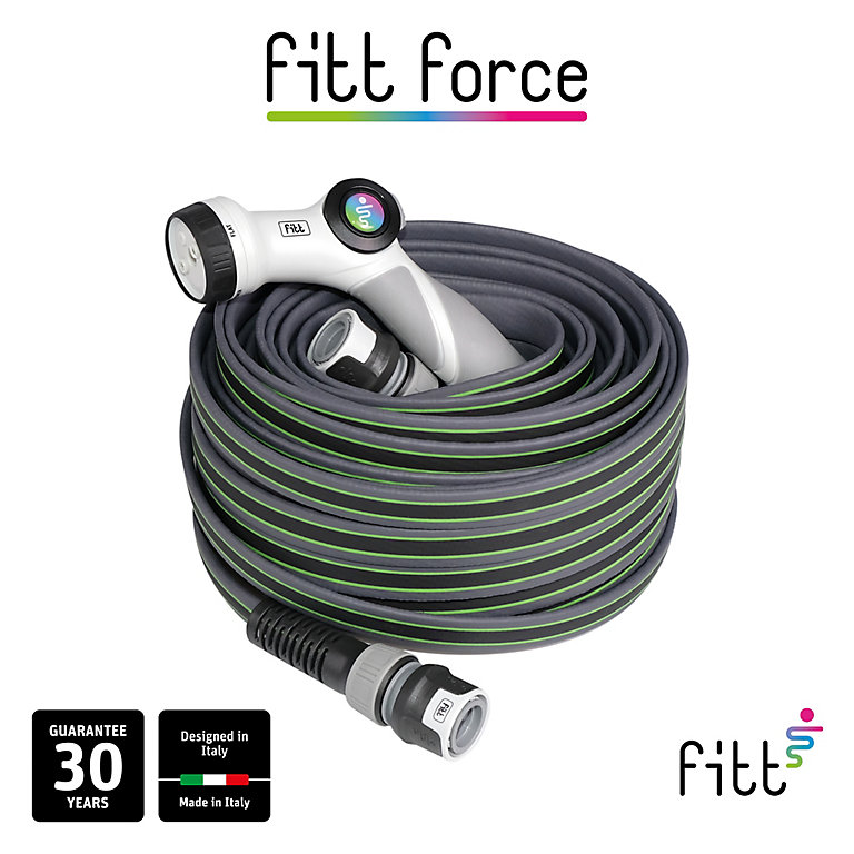 tuyau d'arrosage compact et léger pour usage intensif avec lance citron vert avec ligne grise FITT Force 1/2 20m 