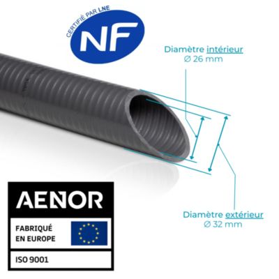 Tuyau PVC semi rigide Longueur 10M diamètre 32mm extérieur Coloris Gris souple diam intérieur 26mm ZENLYS