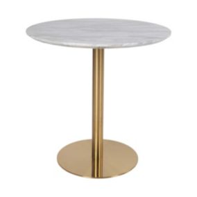 TYROL - Table Repas 90cm Plateau MDF Aspect Marbré et Pied Métal Doré