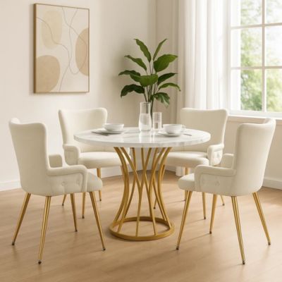 URBAN MEUBLE Ensemble table ronde marbre blanc doré avec 4 chaises beige