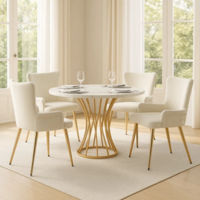 URBAN MEUBLE Ensemble table ronde marbre blanc doré avec 4 chaises beige