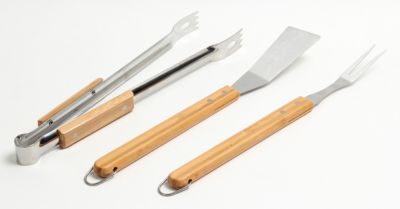 Ustensile pour barbecue Somagic en acier inoxydable et bambou vendu par 3 pièces