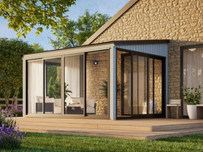 Véranda en bois et verre trempé Lumi - PALMAKO - 13 m² - 420 x 297 cm - Bois peint gris - Double vitrage