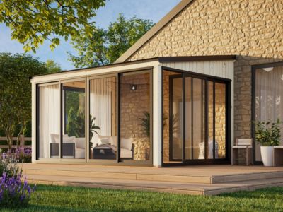 Véranda en bois et verre trempé Lumi - PALMAKO - 13 m² - 420 x 297 cm - Double vitrage  - Bois naturel