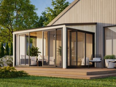 Véranda en bois et verre trempé Lumi - PALMAKO - 13 m² - 420 x 297 cm - Simple vitrage - Bois naturel